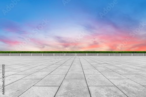 Empty Plaza Floor Bricks and Beautiful Natural Landscape