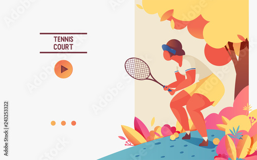Web banner or landing page with young woman in basic tennis position with racket. Bright illustration drawn with pastel gradients in contemporary style. Vector template for healthy sport lifestyle