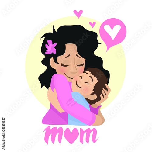 Mother's love.Mom's hug. Mom and son.Vector illustration.