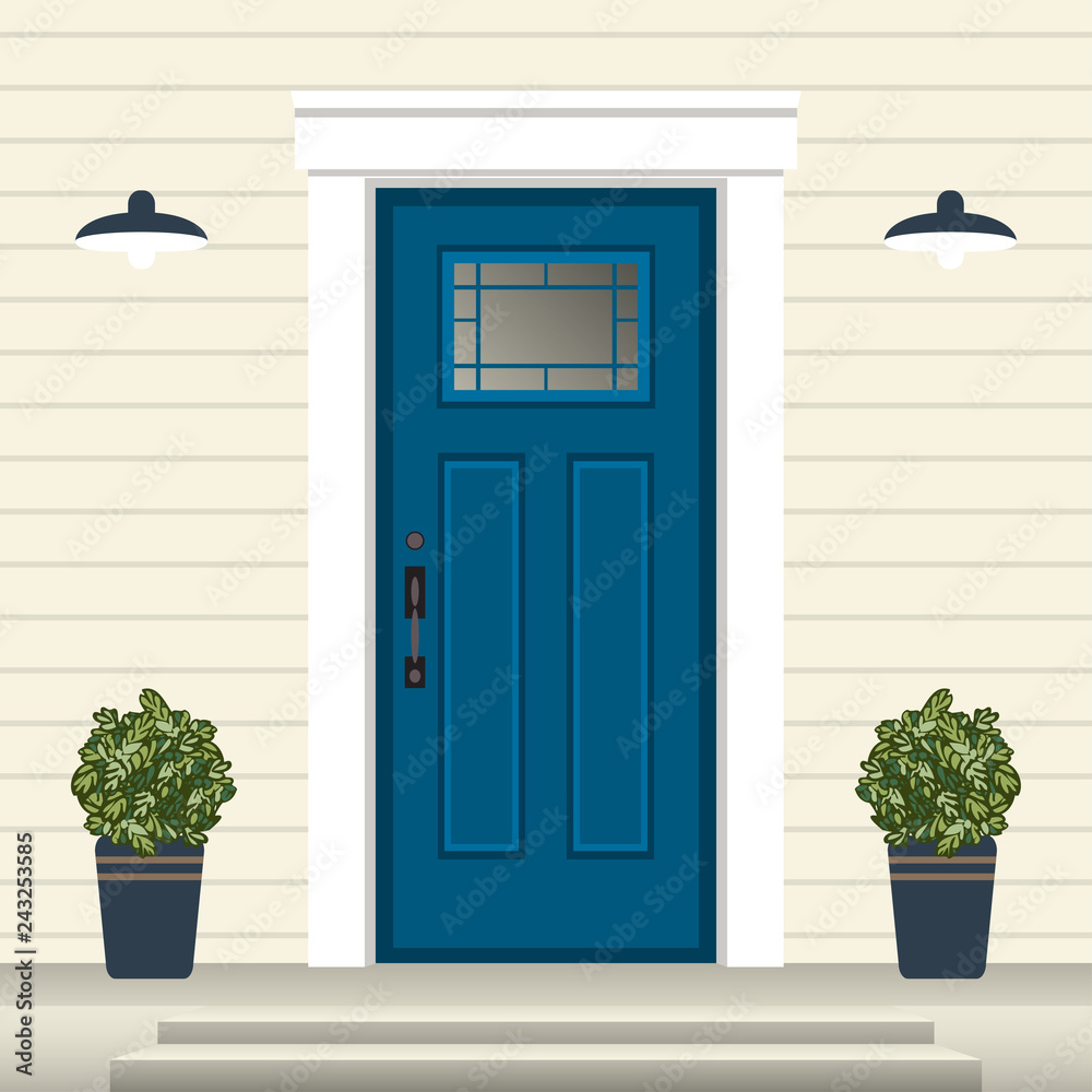 Fototapeta premium House door front with doorstep and steps, window, lamp, flowers in pot, building entry facade, exterior entrance design illustration vector in flat style