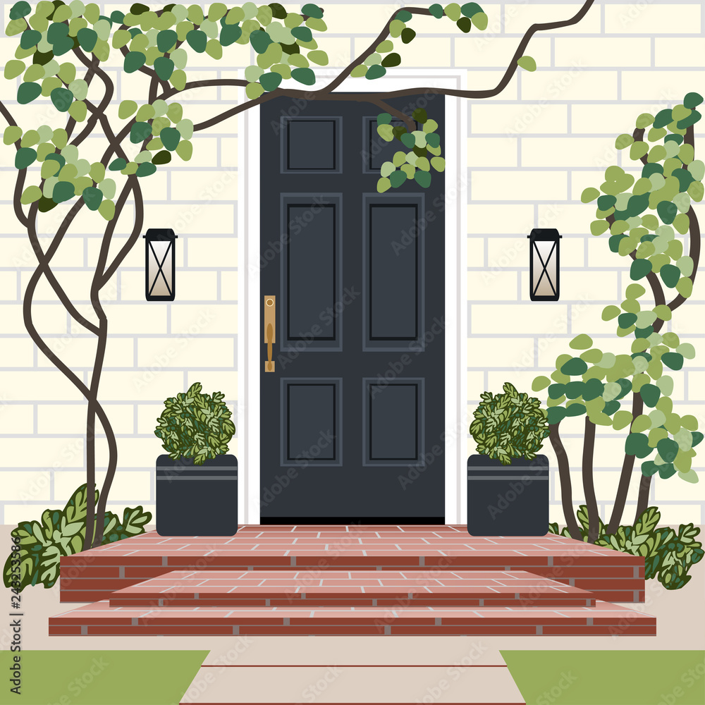 Fototapeta premium House door front with doorstep and steps, lamp, flowers in pots, building entry facade, exterior entrance with brick wall design illustration vector in flat style
