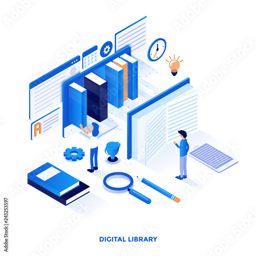 Flat color Modern Isometric Illustration design - Digital Library