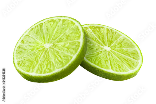 Two slices of green lime, isolated on white background
