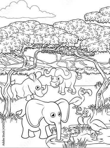 A safari cartoon cute animal background African savannah landscape coloring outline scene.