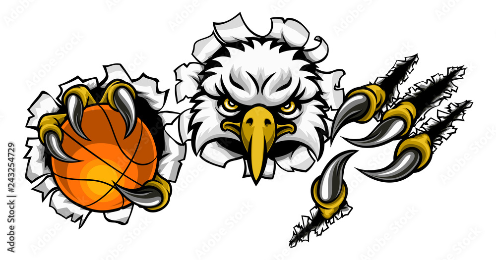 An eagle bird basketball sports mascot cartoon character ripping through the background holding a ball An eagle bird basketball sports mascot cartoon character ripping through the background holding a ball