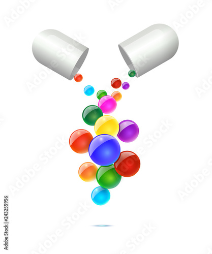 Opened white pill with falling colorful balls isolated on white background. Vector pharmacy or food illustration template.
