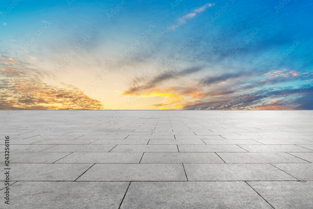 Empty Plaza Floor Bricks and Beautiful Natural Landscape