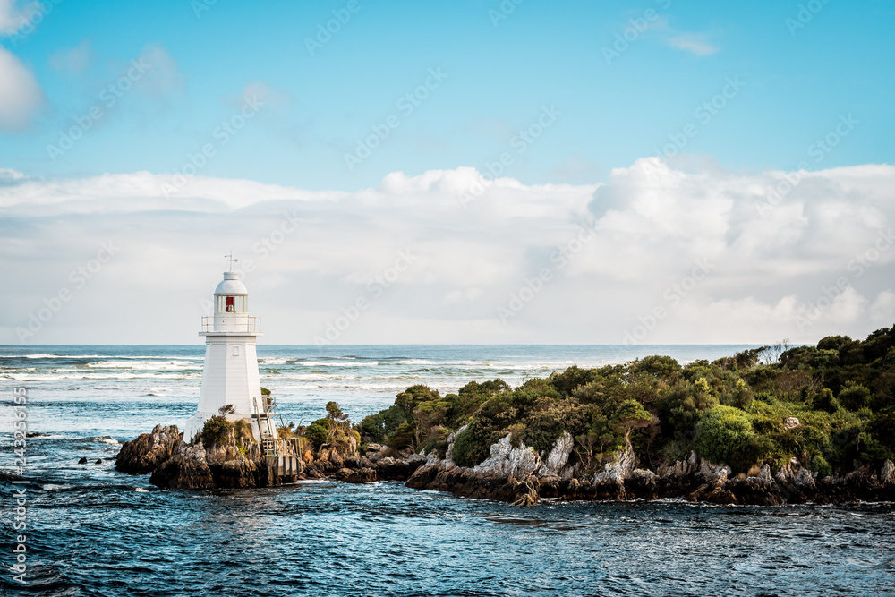 Lighthouse on Bonnet Island, Hells Gate, Macquarie Harbour in Western Tasmania, Australia