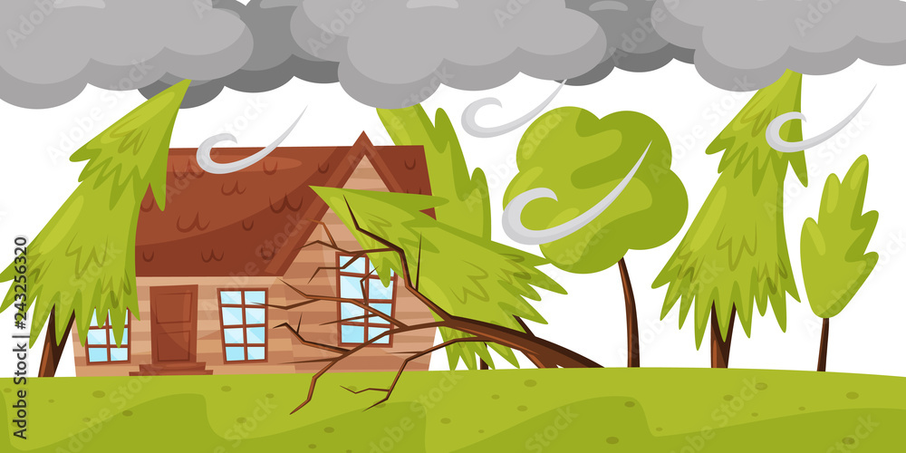Strong wind breaks trees. Living house and huge gray clouds. Natural disaster. Windstorm theme. Flat vector design Strong wind breaks trees. Living house and huge gray clouds. Natural disaster. Windstorm theme. Flat vector design