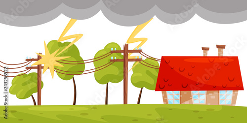 Flat vector scene with small living house, lightning strikes on electricity line. Strong thunderbolt. Natural disaster