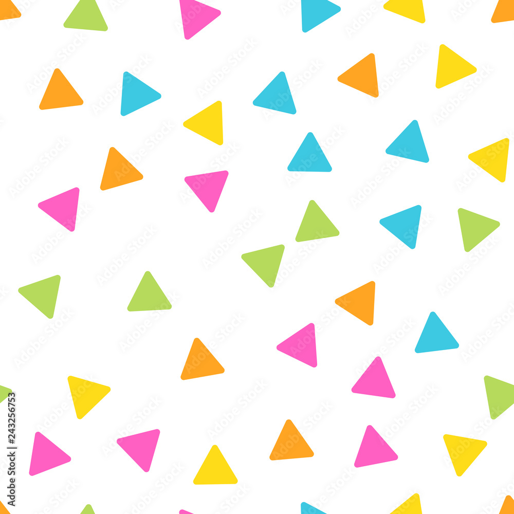 Seamless abstract geometric pattern of triangles in random order. Funny, happy and children theme. Simple flat vector illustration. Seamless abstract geometric pattern of triangles in random order. Funny, happy and children theme. Simple flat vector illustration.