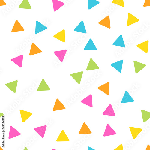 Seamless abstract geometric pattern of triangles in random order. Funny, happy and children theme. Simple flat vector illustration.
