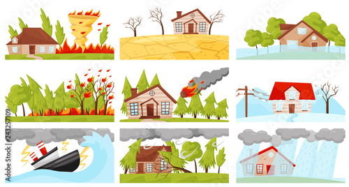 Flat vector set of natural disasters illustrations. Fire whirl, lightning storm, wildfire, meteorite fall