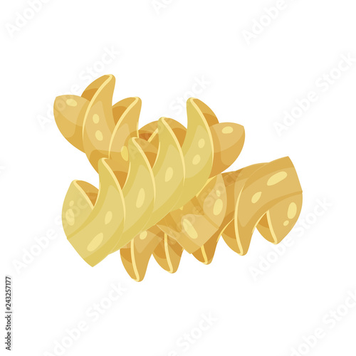 Detailed flat vector design of uncooked fusilli. Dish of Italian cuisine. Nutrition product. Cooking theme