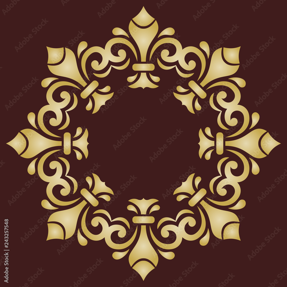 Oriental vector golden round pattern with arabesques and floral elements. Traditional classic ornament. Vintage pattern with arabesques Oriental vector golden round pattern with arabesques and floral elements. Traditional classic ornament. Vintage pattern with arabesques