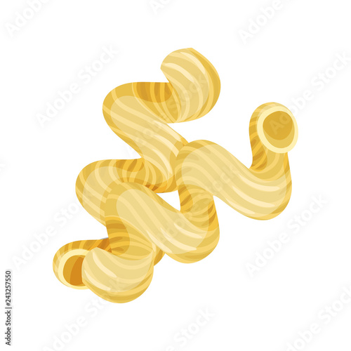 Flat vector design of uncooked cavatappi. Italian pasta. Traditional macaroni in helical tube shape. Culinary theme