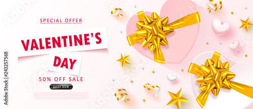 Valentine's Day sale background.Romantic composition with gift boxes,hearts, stars, beads and serpentine. Vector illustration for website , posters,ads, coupons, promotional material.