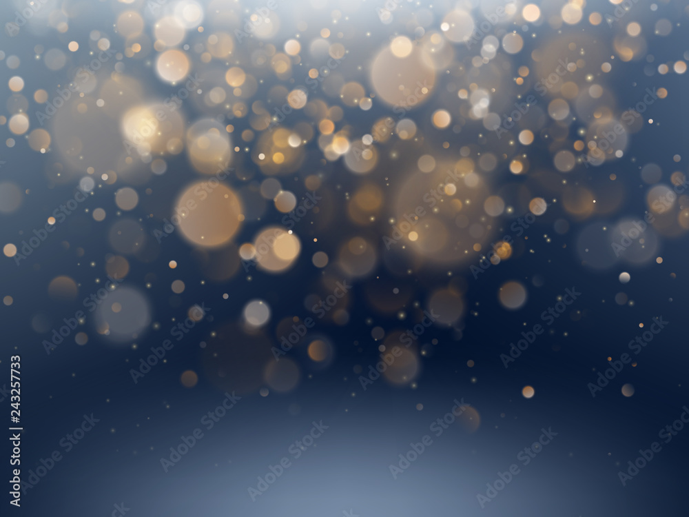 Christmas and New Year template with white blurred snowflakes, glare and sparkles on blue background. EPS 10