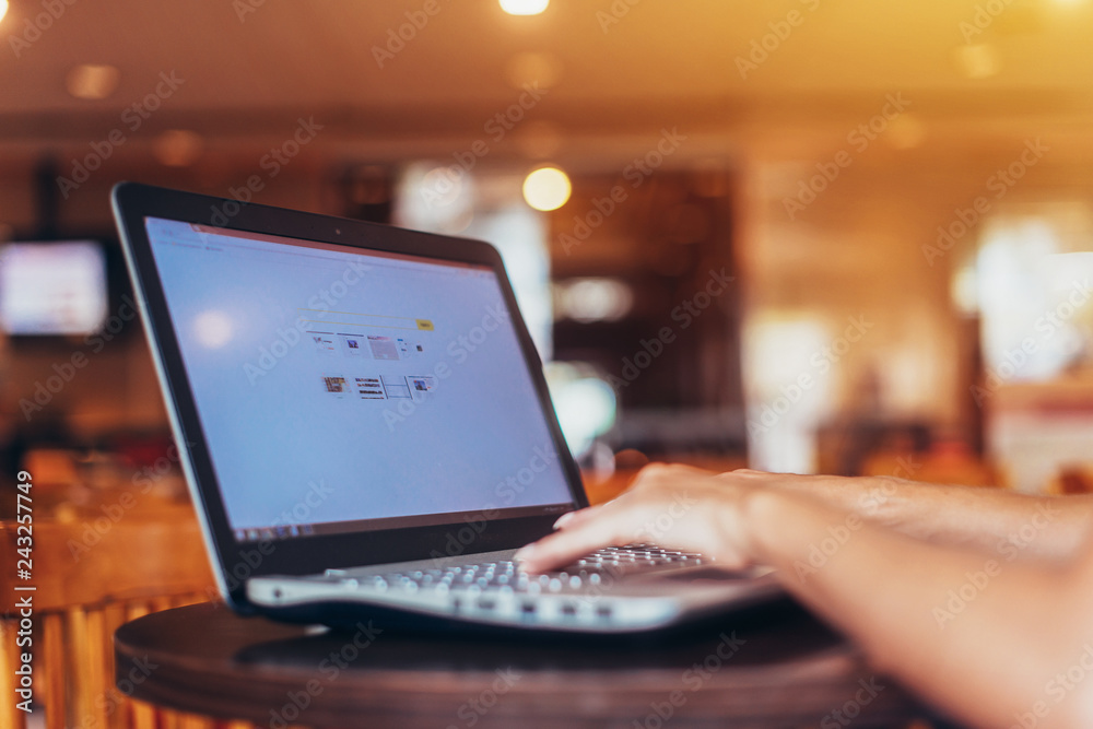Portrait of young female freelancer working on laptop sitting in cafe Portrait of young female freelancer working on laptop sitting in cafe