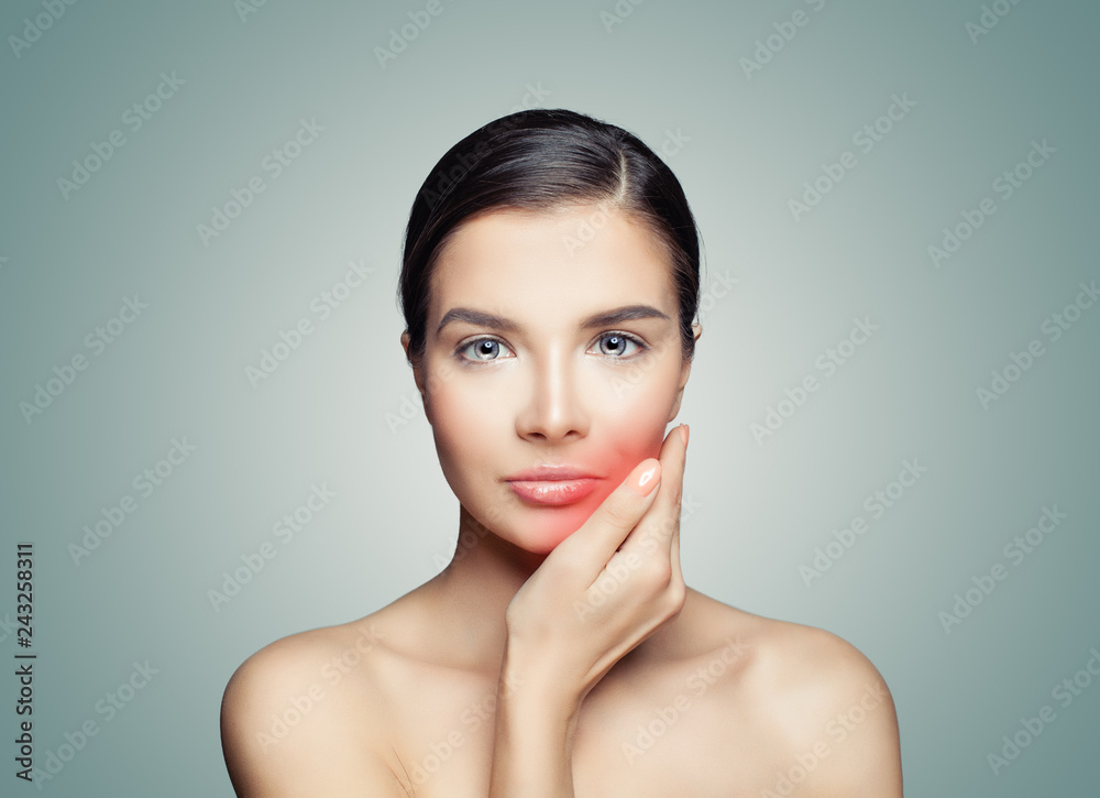 Toothache. Sad woman touching her hand her red cheek. Toothache. Sad woman touching her hand her red cheek.