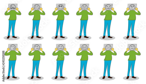 Businessman holding papers with different emotions. The motivation for hiding emotions. Set of fake emotions. Man pretend he wasn't upset or anxious. Hand drawn cartoon doodle vector illustration. 