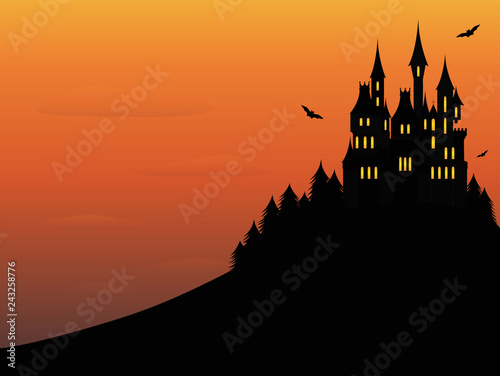 Haunted castle on hill - Halloween vector background © Angela