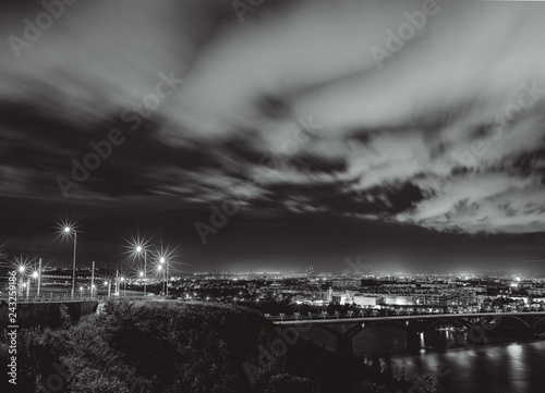 Black and white night landscape in the city of Nizhny Novgorod
