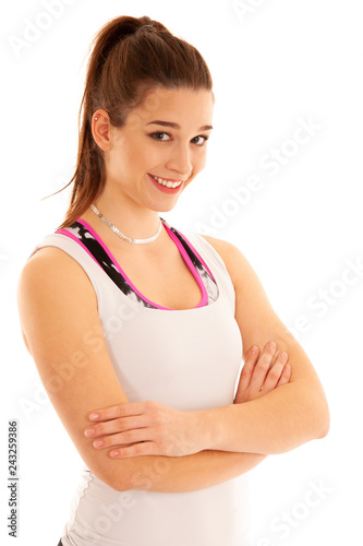 Portrait of a sporty athlete giro isolated over white background