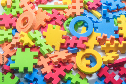 Valokuva Colorful kids toys, Colorful pictures of puzzle pieces,
