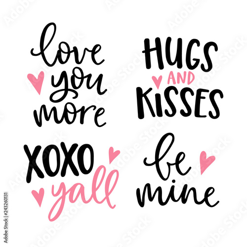 Wedding or Valentines day lettering set. Black hand lettered quotes with pink hearts for greeting cards, gift tags, labels. Typography collection. Love concept. Isolated vector illustrations.
