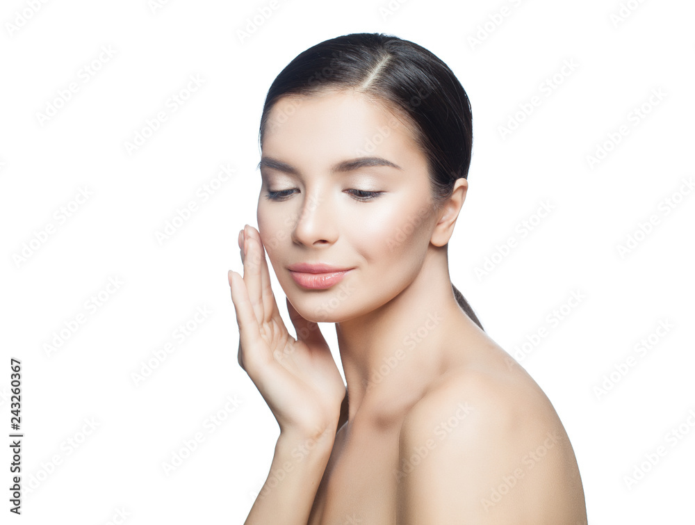 Young smiling woman spa model isolated on white background. Skincare and facial treatment concept Young smiling woman spa model isolated on white background. Skincare and facial treatment concept