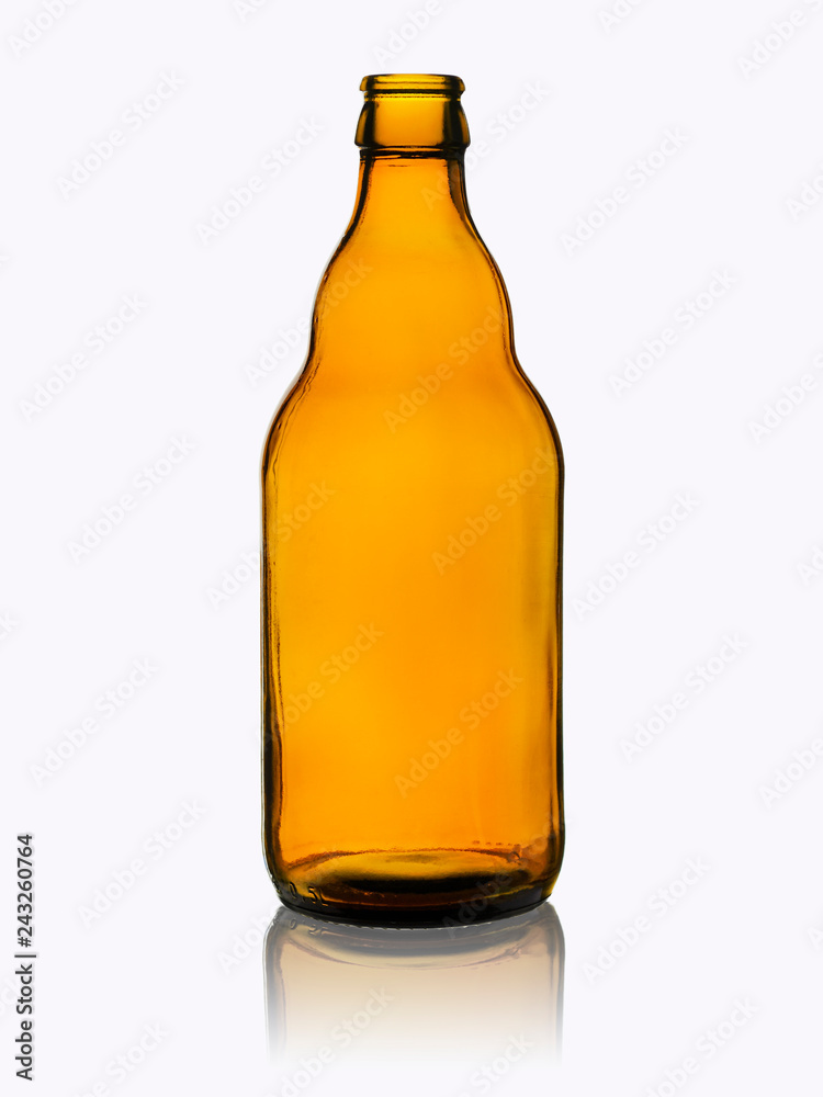 empty beer bottle from dark glass without cover with reflection isolated on a white background