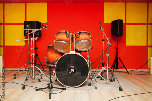Modern drum set on stage
