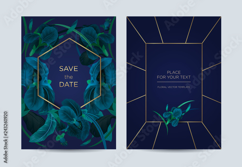 Invitation card in baroque floral style. Irises on a blue background. It can be used as a template for weddings, special events, concerts and exhibitions.