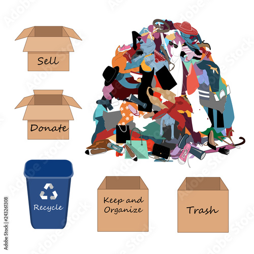 Vector Illustration with a Big Messy Pile of Useless, Old, Cheap, and Oumoded Cothes. Nothing to Wear, and Wardrobe Arrangement Concept.