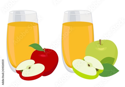 Juice set. Glass of apple juice with red and green apples. Vector illustration on white background