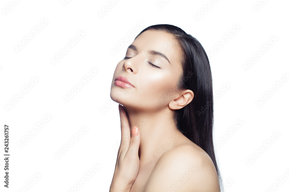 Relaxing woman with clear skin isolated on white background. Spa, skincare and cosmetology concept Relaxing woman with clear skin isolated on white background. Spa, skincare and cosmetology concept