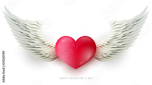 3d realistic red heart with paper wings isolated on white background. Happy valentine's day concept. Template for cover greeting card, flyer, poster. Holiday cartoon vector illustration.