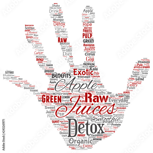 Vector conceptual fresh natural fruit or vegetable juices hand print stamp red healthy diet organic beverage word cloud isolated background. Collage of green exotic, tropical raw nutrition concept