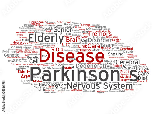 Vector concept conceptual Parkinson`s disease healthcare or nervous system disorder abstract word cloud isolated background. Collage of healthcare, degenerative illness, genetic, symptom or brain text