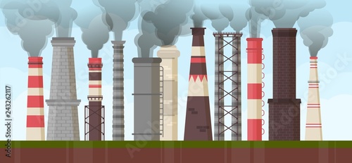 Air industrial pollution environmental issues smoke chimney industry vector illustration. Global pipe toxic dirty smog. Factory smokestack.