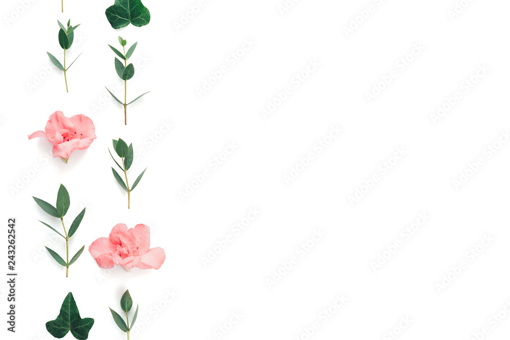 Spring Background With Soft Pink Azalea Flowers And Green Ivy Leaves