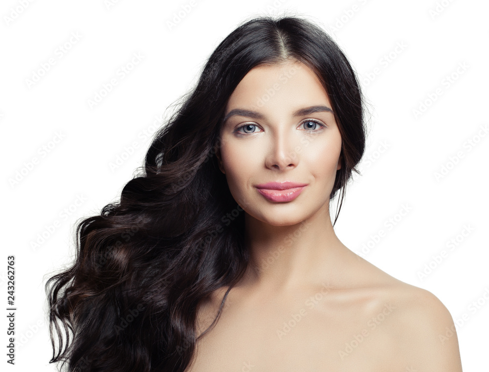 Young brunette woman isolated on white. Cute girl with long perfect hairstyle. Hair care and beauty salon background Young brunette woman isolated on white. Cute girl with long perfect hairstyle. Hair care and beauty salon background