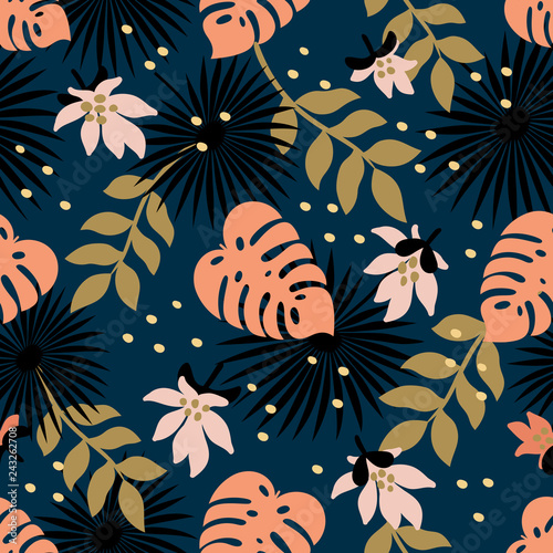 Seamless Floral Pattern. Fashion textile pattern with decorative tropical lea...