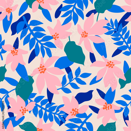 Seamless Floral Pattern. Fashion textile pattern with decorative tropical leaves and coral flowers on blue background. Vector illustration.