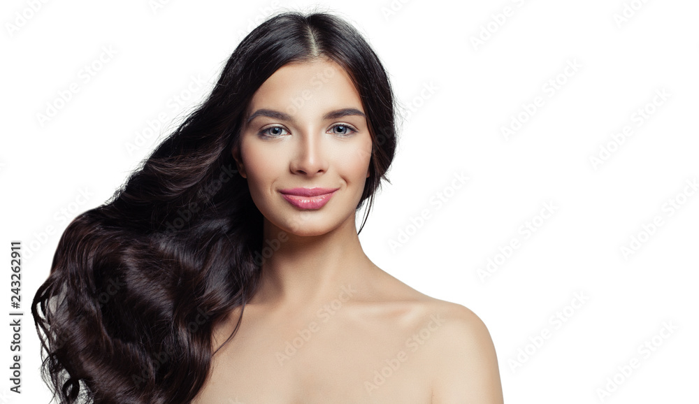 Smiling woman with long healthy hair isolated on white. Hair care and beauty salon background Smiling woman with long healthy hair isolated on white. Hair care and beauty salon background