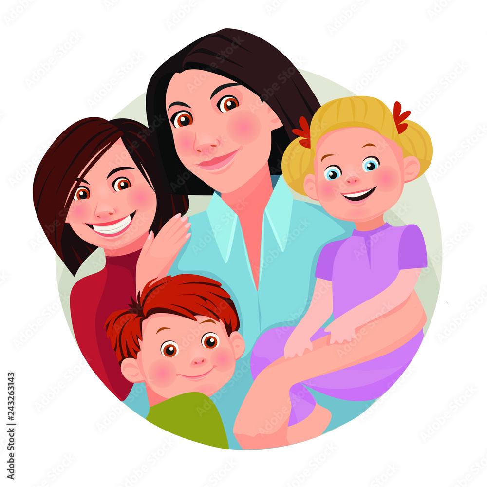 Mom is hugging three children. Happy large families. Vector illustration. Mom is hugging three children. Happy large families. Vector illustration.