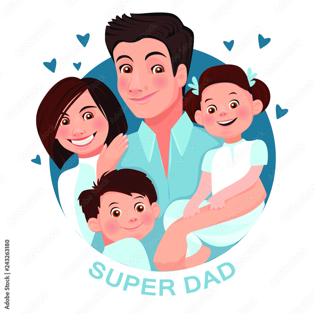 Dad is hugging three children. Happy large families. Vector illustration. Dad is hugging three children. Happy large families. Vector illustration.