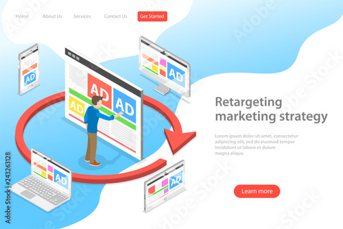 Isometric flat vector landing page template of retargeting marketing stragety, behavioural remarketing, digital promotion campaign.