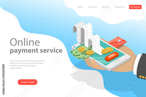 Flat isometric vector landing page template of online payment service, shopping, e-commerce, mobile store.